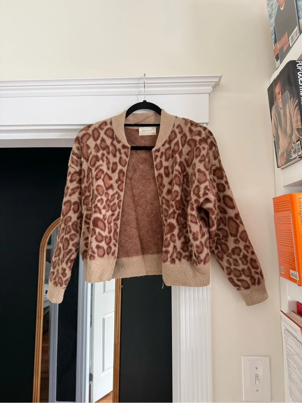 ESE O ESE Fuzzy Leopard Print Zip Bomber Jacket | Size XS